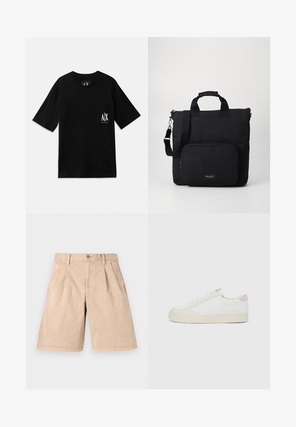 Sort kortærmet t-shirt lavet af bomuld, med en lomme på venstre bryst og et hvidt trykt logo samt en rund halsudskæring.; Beige shorts lavet af bomuld, med en lige pasform, plisseret front, sidelommer og en enkelt knaplukning i taljen.; Hvid sneaker med øverste lag i tekstureret lærred, glatte beige detaljer ved hælen og en gummisål. Har rundet tå og snørelukning.; Sort nylon tote taske med to korte håndtag, en aftagelig skulderrem og en frontlomme med lynlås. Inkluderer et brandlogo mærke.