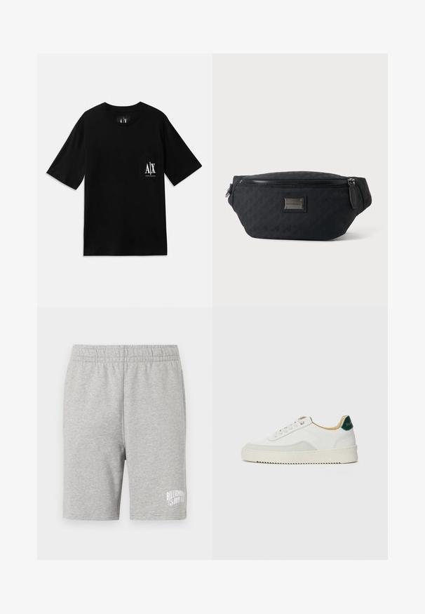 Zwarte T-shirt met korte mouwen, gemaakt van katoen, met een zak op de linker borst met een wit gedrukt logo en een ronde hals.; Grijze katoenen shorts met een elastische tailleband en een wit logo aan de onderzijde rechts. Zachte textuur, knielange pasvorm.; Witte sneaker met suède accenten, ronde neus, platte veters en een crème rubberen zool. Bevat groene branding op de hiel.; Zwarte stoffen heuptas met ritssluiting aan de voorkant en klein metalen logo plaatje in het midden, weergegeven tegen een effen achtergrond.