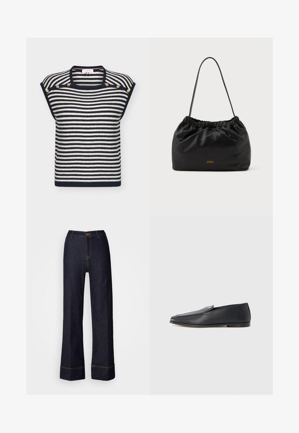 Navy- og hvidstribet strikket ærmeløs top med gyldne knapper langs skuldersømmene og navy kant ved kanterne.; Mørke denim brede bukser med høj talje, der har en frontknaplukning og orange syninger. Glat tekstur hele vejen igennem.; Sorte læderloafers med en glat tekstur, rundet tå og subtile syningsdetaljer. Har en guldfarvet logoaccent på oversiden.; Sort læder håndtaske med en sammensyning øverst og en enkel skulderrem. Har et guld logo akcent på fronten. Blød, glat tekstur.