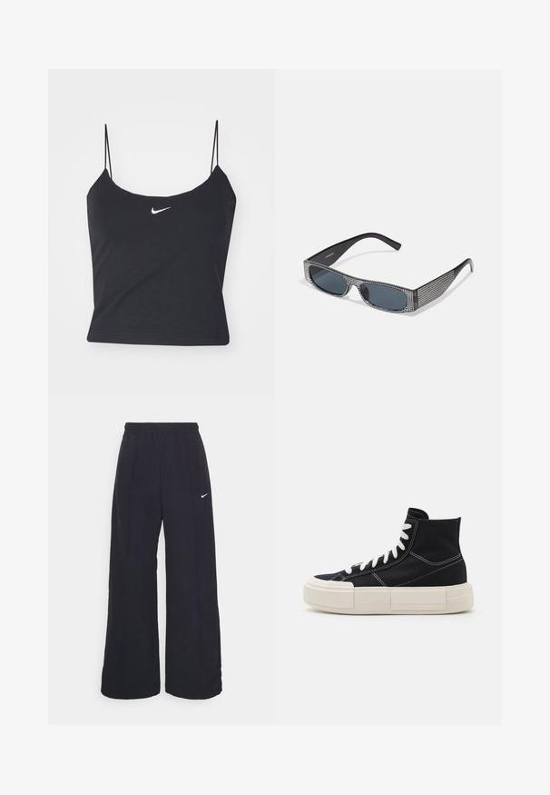 Top negro sin mangas con escote redondeado, tirantes finos y un logo de Nike blanco centrado. Hecho de un tejido suave, con un diseño ajustado.; Pantalones de pierna ancha negros con una cintura elástica y un pequeño logo blanco de Nike. La tela tiene una textura suave, diseñada para la comodidad y el uso casual.; Zapatilla alta de lona negra con cordones blancos, suela gruesa color crema, costuras en contraste y un diseño de punta redondeada.; Gafas de sol negras con lentes grises, presentando un patrón enrejado de pequeños rhinestones metálicos a lo largo de las monturas. Acabado suave, diseño angular.