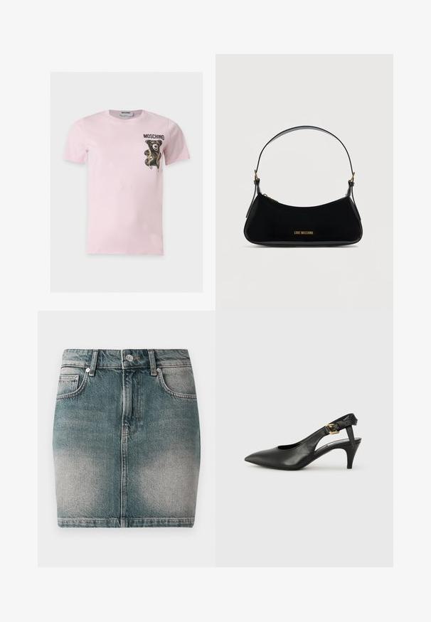Camiseta rosa claro de manga corta con un pequeño gráfico de oso de peluche negro y cinta métrica en el pecho izquierdo, texto ""MOSCHINO"" encima del oso.; Falda mini de mezclilla azul con botón y cremallera en el frente, dos bolsillos frontales y detalles desgastados en los muslos.; Zapato de tacón destalonado de cuero negro con punta afilada, tacón pequeño y detalle de hebilla en la correa del tobillo. Textura suave, diseño minimalista.; Bolso de hombro de charol negro con forma curva, logo dorado "LOVE MOSCHINO" en el frente, y correa ajustable con herrajes dorados.