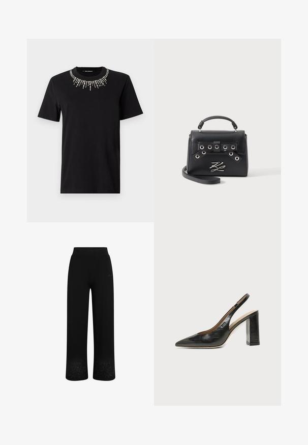 Camiseta negra de manga corta hecha de algodón, con un cuello decorativo de strass en patrón de ráfaga. Diseño ligero y ajustado.; Pantalones de chándal negros con un diseño de pierna ancha, cintura elástica y bordado floral en el dobladillo. Fabricados con una tela suave y elástica.; Zapato slingback de piel negra con puntera puntiaguda, tacón alto y ancho, y forro interior beige sobre un fondo claro y liso.; Bolso de mano de cuero negro con asa superior, detalle de ojales metálicos en la correa, emblema de logo metálico plateado y correa de hombro desmontable sobre fondo blanco.