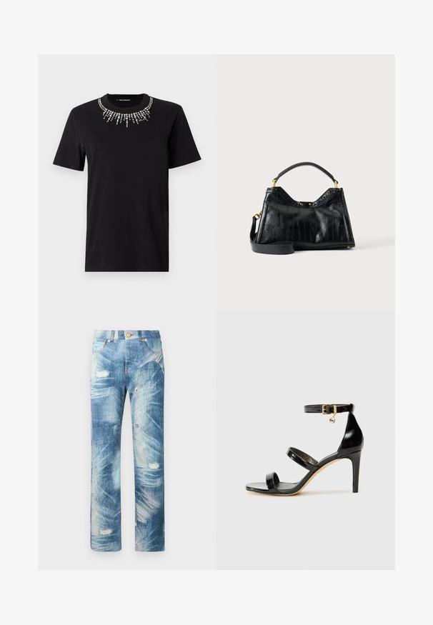 T-shirt noir à manches courtes en coton, avec un col décoratif en strass formant un motif explosif. Conception légère et ajustée.; Jean en denim bleu vieilli avec des patchs décolorés, des effets de frottement et de petites déchirures, doté de poches avant et d'une fermeture par bouton.; Sandale en cuir verni noir avec trois brides, boucle de cheville et talon aiguille de 10 cm. Présente un détail en métal doré et un charm logo.; Sac à main en cuir noir avec lignes verticales texturées, poignée courte, bandoulière longue amovible et détails métalliques dorés sur fond uni.