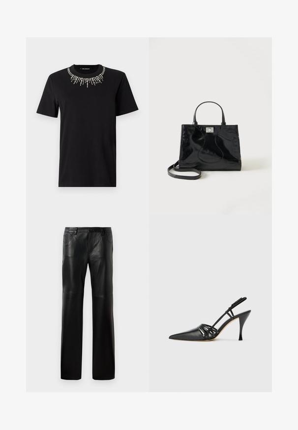 Camiseta negra de manga corta hecha de algodón, con un cuello decorativo de strass en patrón de ráfaga. Diseño ligero y ajustado.; Pantalones de cuero negro con corte recto, que presentan una cintura con botón, cinco bolsillos y costuras visibles a lo largo de las costuras.; Zapato de tacón alto de charol negro con punta afilada, diseño de tiras entrecruzadas y tacón de aguja delgado. Textura suave y acentos mínimos.; Bolso de mano negro de piel patentada con asas redondeadas, una correa de hombro desmontable y cierre de broche plateado sobre un fondo blanco liso.