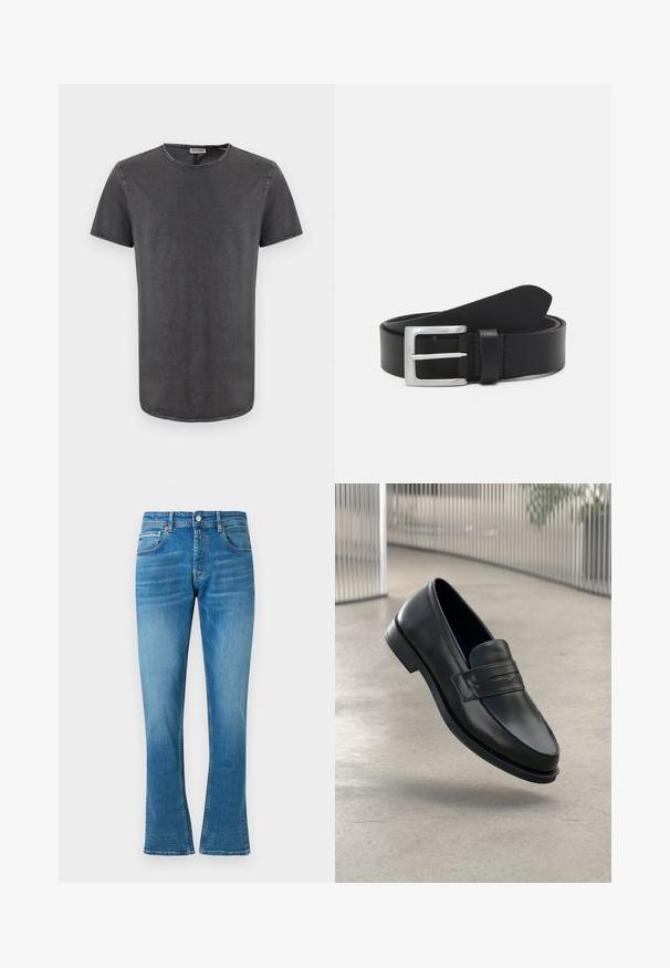 Graues Kurzarm-T-Shirt mit rundem Ausschnitt, aus weichem Stoff gefertigt, mit leicht abgerundetem Saum und sichtbaren Nähten.; Blaue Denim- Schlagjeans mit normaler Taille, zwei Fronttaschen und leichter Abnutzung. Der Stoff hat eine weiche Textur und traditionelle Nähte.; Schwarzer Lederloafer mit glatter Textur, spitzer Zehe und einem dekorativen Riemen über dem Rist. Leichte Sohle, minimalistisches Design.; Schwarzer Leder Gürtel mit glatter Textur, silberner rechteckiger Schnalle und einer Schlaufe für das Ende. Verfügt über eine saubere Naht entlang der Kanten.