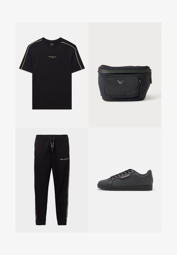 Sort bomulds t-shirt med korte ærmer, rund hals, beige kontrastsyninger på skuldrene og ARMANI EXCHANGE-logoen i midten.; Sorte sweatpants lavet af en bomuldsblanding, med en ribbet talje, hvide sidelister og logobroderi på den venstre lår.; Sorte sneakers med en tekstureret stofoverdel med et subtilt MK-mønster, sorte læderdetaljer og en sort gummisål.; Sort bæltetaske med frontlynlåslomme og sølv ørn-logo, glat stof med tekstureret kant og lynlåstræk.