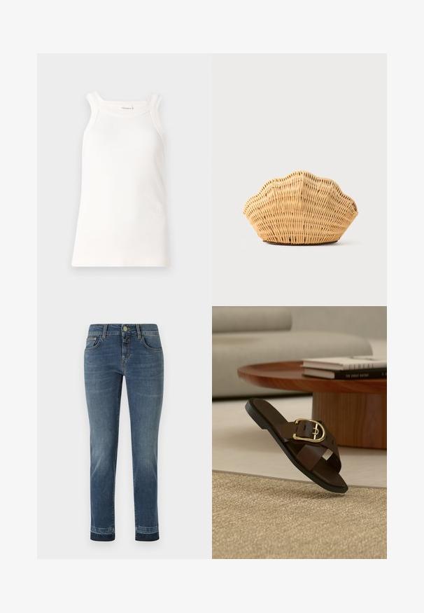 Weißes geripptes Tanktop mit rundem Ausschnitt und breiten Trägern. Verfügt über ein dezentes Logo-Detail am Saum. Weicher Stoff mit figurbetonter Passform.; Dunkelblaue Jeans aus Denim mit geradem Bein, klassischem Knopfverschluss und fünf Taschen. Leichte Ausbleichungen an den Oberschenkeln.; Braune Leder-Slipper-Sandale mit goldener Schnalle auf beigem Teppich, im Hintergrund ein Holztisch und Bücher.; Gewebte Rattan-Handtasche in Form einer Jakobsmuschel mit natürlicher hellbrauner Farbe und abgerundeten, strukturierten Kanten.