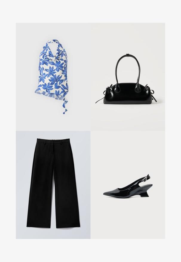 Λευκή μπλούζα με λουρί halter, μπλε floral σχέδιο, δετό μπροστά, με βολάν και ασύμμετρο τελείωμα με δέσιμο στο πίσω μέρος.; Μαύρο παντελόνι με φαρδιά μπάσα, θηλιές για ζώνη και πλαϊνές τσέπες, απλωμένο σε επίπεδο φόντο ανοιχτού γκρι χρώματος.; Μαύρο παπούτσι slingback από πατενταρισμένο δέρμα με μυτερή μύτη και χαμηλό κεκλιμένο τακούνι τύπου block σε απλό φωτεινό φόντο.; Μικρή μαύρη γυαλιστερή τσάντα με δύο μακριές λαβές και λεπτομέρειες με ρυθμιζόμενο κορδόνι στο πλάι σε απλό ανοιχτό φόντο.