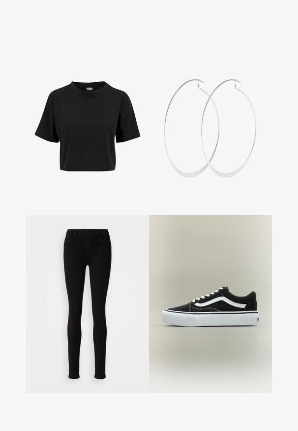 Zwart cropped T-shirt van katoen, met een ronde hals en korte mouwen, met een effen, gladde textuur en zonder zichtbare grafische elementen.; Zwarte slim-fit broek met knoopsluiting, riemlussen en zijzakken, weergegeven tegen een effen lichte achtergrond.; Lage zwarte sneaker met witte zijstreep, witte veters, witte rubberen zool en gestructureerde neus op een neutrale achtergrond.; Zilveren oorringen met een dun, glad ontwerp; langwerpige ovale vorm; gepolijste afwerking; voorzien van een veilige haaksluiting.