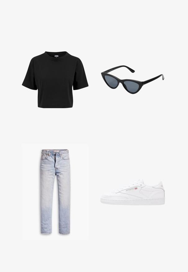 Camiseta corta negra de algodón, con cuello redondo y mangas cortas, de textura lisa y uniforme, sin gráficos visibles.; Jeans de denim azul claro con un diseño de pierna recta, que cuentan con un cierre de botón, cinco bolsillos y un ligero desgastado a lo largo de las piernas.; Zapatillas de cuero blanco con un diseño de corte bajo, cierre de cordones, paneles laterales texturizados y logotipo de Reebok en relieve. Suela de goma.; Gafas de sol negras en forma de ojo de gato con lentes gris oscuro, marco de plástico elegante, esquinas puntiagudas y patillas rectas. Sin herrajes ni acentos visibles.