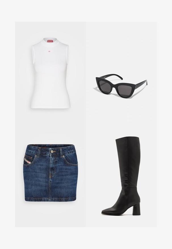 Haut sans manches blanc avec un col épais côtelé, arborant un petit logo Diesel rouge à l'avant. Fabriqué en matériau ajusté et extensible.; Jupe en denim bleu foncé avec une coupe ajustée, cinq poches et des coutures orange. Inclut un système de fermeture à bouton métallique à la taille.; Botte noire haute jusqu'au genou en cuir lisse. Présente un bout pointu et un large talon texturé en blocs. Détails de couture minimaux.; Lunettes de soleil noires en forme d'œil de chat avec une finition mate, dotées de verres teintés gris, d'angles aigus et de branches élégantes. Nom de la marque visible sur la branche intérieure.