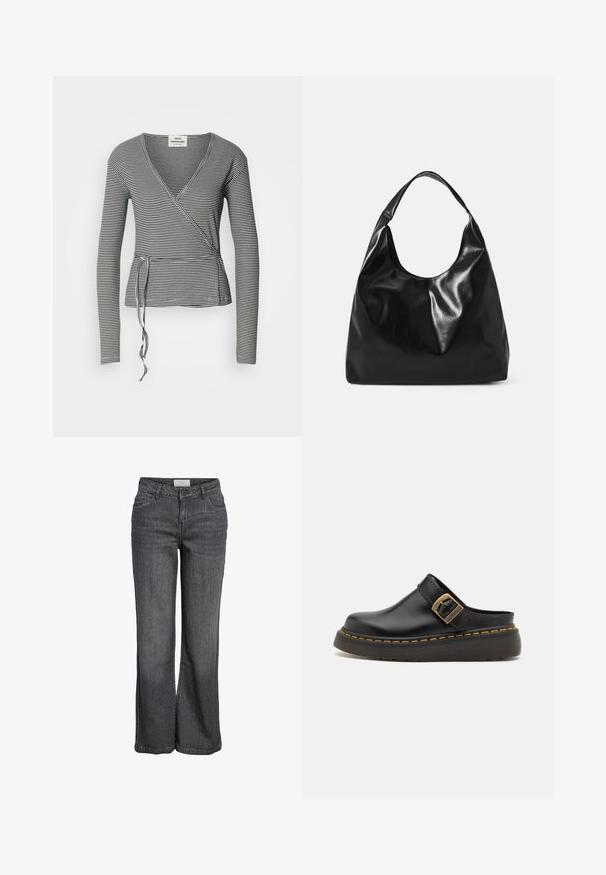 Top de manga larga en rayas blancas y negras, con escote en V, dobladillo peplum y detalle atado en la cintura. Textura de tela suave.; Jeans de pierna ancha en denim gris oscuro. Presentan una cintura alta, un diseño tradicional de cinco bolsillos y un dobladillo limpio sin embellishments.; Zueco de cuero negro con una correa ancha y detalle de hebilla de latón. Presenta una suela de goma texturizada con acentos de costura amarilla.; Bolso hobo de cuero negro con una textura suave y brillante y un diseño de parte superior redondeada y abierta. Cuenta con una amplia correa curvada para llevar. Sin hardware visible.