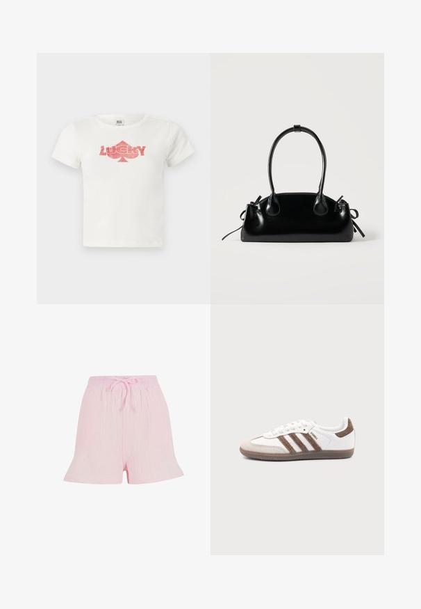 T-shirt en coton blanc à manches courtes présentant un graphique en paillettes roses avec le mot "LUCKY" et une forme de trèfle en dessous.; Shorts rose clair en tissu texturé, dotés d'une taille élastique avec un lien à nouer et d'une silhouette décontractée et évasée.; Baskets Adidas Samba blanches avec des bandes en daim marron, semelle en caoutchouc marron et bout en daim beige, vues du côté extérieur sur un fond uni.; Petit sac à main noir brillant avec deux longues anses et des détails à cordon sur les côtés sur un fond clair uni.