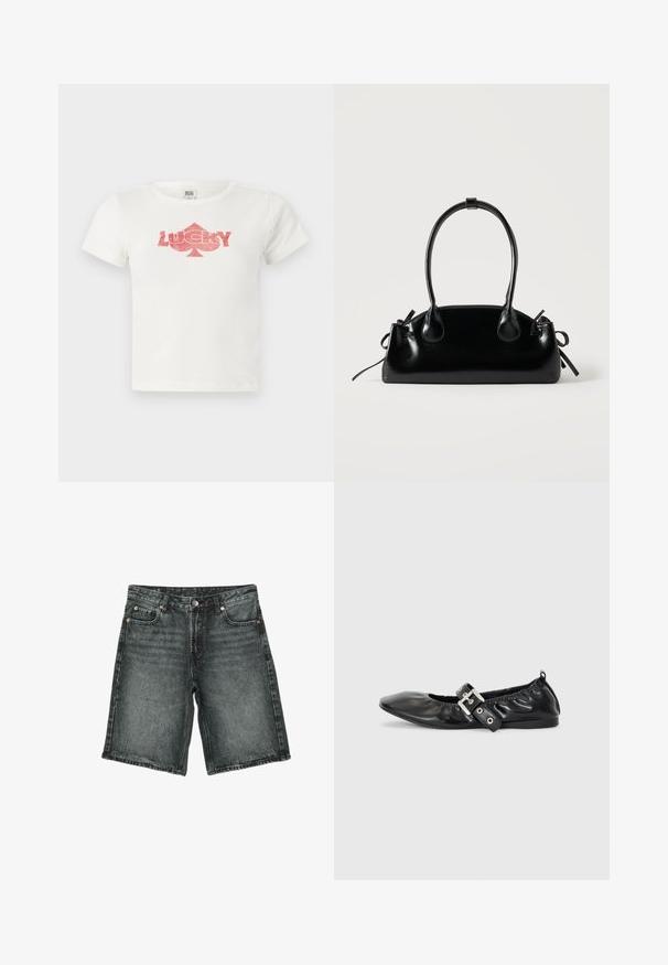 T-shirt en coton blanc à manches courtes présentant un graphique en paillettes roses avec le mot "LUCKY" et une forme de trèfle en dessous.; Short en denim noir délavé avec bouton devant, fermeture éclair, passants de ceinture et design à cinq poches, posé à plat sur fond blanc.; Chaussure plate en cuir noir avec un nez pointu, des détails froncés autour de l'ouverture et un accent en boucle argentée sur la bride ajustable.; Petit sac à main noir brillant avec deux longues anses et des détails à cordon sur les côtés sur un fond clair uni.