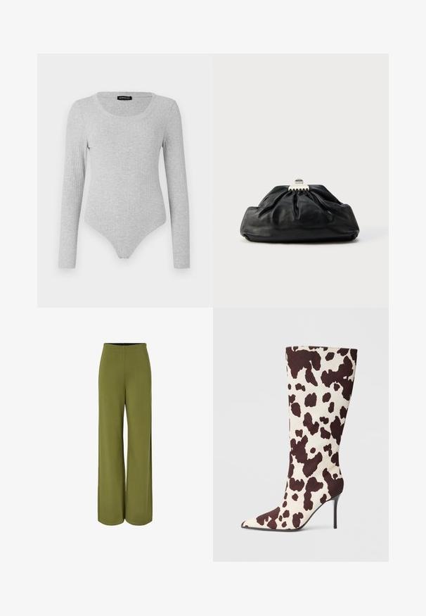 Body à manches longues en tissu côtelé gris clair, avec un décolleté en forme de scoop et une silhouette ajustée dotée d'un fond style string.; Pantalon large vert olive avec une taille haute et un tissu lisse et fluide, présenté sur fond blanc.; Bottes jusqu'aux genoux à bout pointu en tissu imprimé vache crème et marron, avec un talon aiguille fin et une texture lisse.; Pochette en cuir noir avec une texture plissée, fermeture à fermoir métallique, et logo embossé discret sur le devant. Forme arrondie.