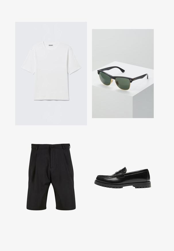 Hvid, kortærmet t-shirt med rund hals og et lille "WEEKDAY"-mærke på indersiden af bagkraven, vist på en flad overflade.; Sorte shorts lavet af et glat stof med skræddersyet design, der har en frontknaplukning, læg og sidelommer.; Sort læderloafer med en kraftig gummisål og klassiske penny-strap detaljer, vist fra ydersiden.; Ray-Ban solbriller med grønne linser, sorte plastikstel og gyldne detaljer ved kanterne. Firkantet form med mat finish.