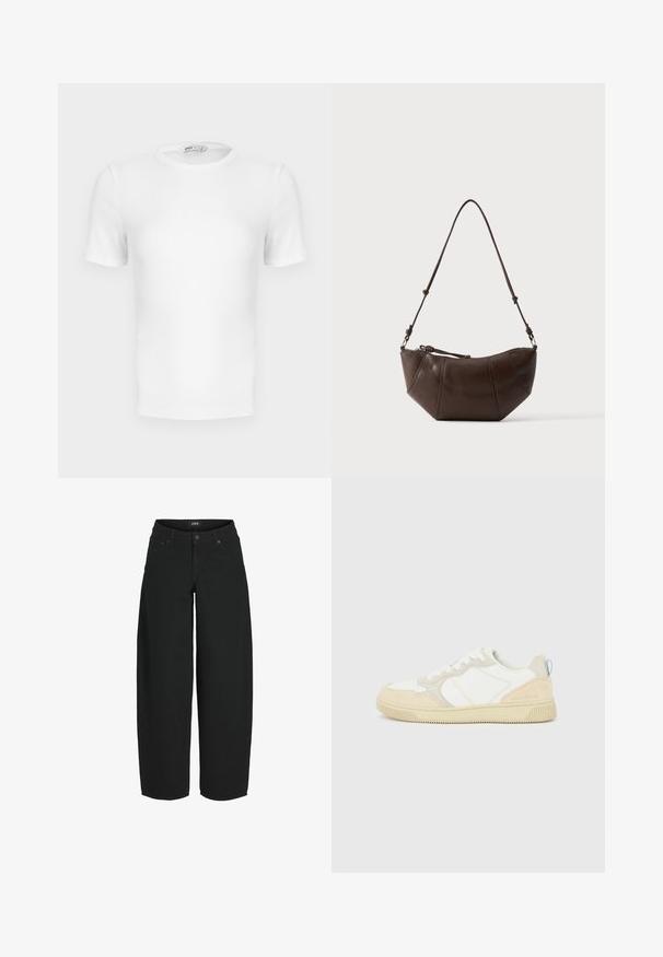 Hvid ribstrikket T-shirt med korte ærmer, rund hals og tætsiddende pasform samt en lille mærkeetiket inde i kraven.; Sorte vidde-korte jeans med knap- og lynlåslukning foran, lommer foran og bagpå samt mærket bæltelabel.; Hvid og beige sneaker med en overdel i ruskind og tekstil, med kontrastsyninger, en gummisål og en lyseblå detalje på hælen.; Brun læder skuldertaske med buet bund og justerbar rem mod en ensfarvet lys baggrund.