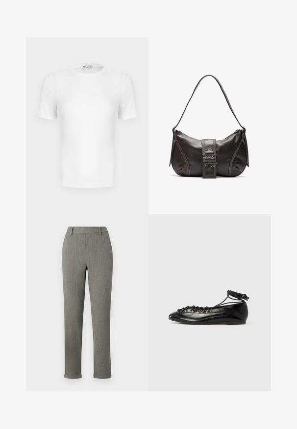 Weißes, kurzärmeliges, geripptes T-Shirt mit Rundhalsausschnitt, figurbetontem Schnitt und kleinem Markenlabel im Krageninneren.; Graue, maßgeschneiderte Slim-Fit-Hosen mit Gürtelschlaufen und umgeschlagenen Säumen, geeignet für formelle Anlässe oder das Büro.; Schwarze Ballerinas aus Lackleder mit runder Spitze, Schnürdesign und flacher Sohle. Glatte Textur mit minimaler Verzierung.; Braune Lederumhängetasche mit gebogener Form, die mit einem auffälligen Schnallendetail, kontrastierenden Nähten und einem einzigen Schulterriemen ausgestattet ist.