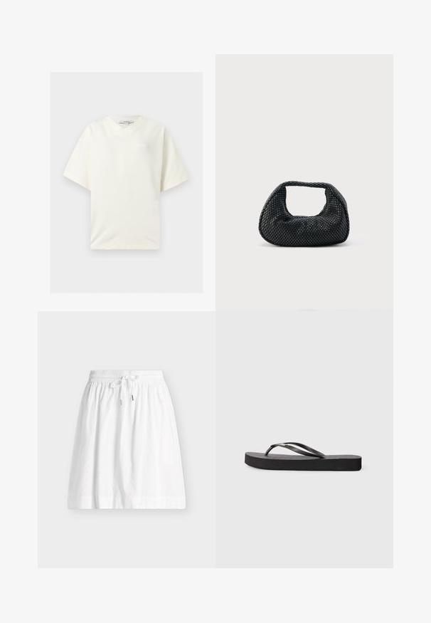 T-shirt blanc oversize à manches courtes avec col en V, présenté à plat avec une étiquette TOPSHOP à l’intérieur du col.; Jupe blanche longueur genou avec taille élastique, cordon de serrage et motif ajouré discret.; Tongs en caoutchouc noir avec une semelle plate, un lit de pied texturé et deux brides arrondies. Design minimaliste avec un profil élégant.; Sac hobo tissé noir avec une structure souple et une poignée intégrée, présenté sur un fond clair uni.