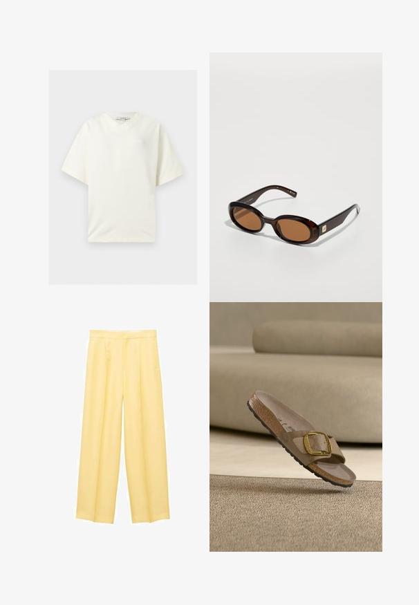 Hvid oversized T-shirt med korte ærmer og V-udskæring, lagt fladt ud med en TOPSHOP label indeni kraven.; Lys gul, vidde bukser lavet af glat stof, med en frontfold og to sidelommer, der giver en afslappet pasform.; Beige sandal med åben tå med en tekstureret rem, stor guldlås, korkfodseng og sort sål, der svæver over en struktureret overflade.; Brune skildpadde-solbriller med ovale linser, der har en tynd stel og en lille metalaccent på siden. Struktureret og poleret overflade.