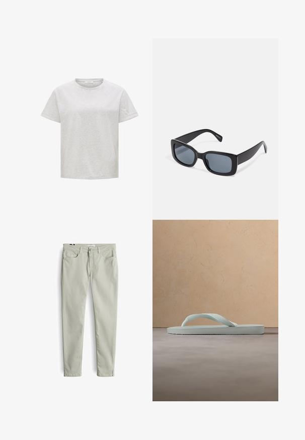 Graues Baumwoll-T-Shirt mit entspannter Passform, kurzen, gerollten Ärmeln und Rundhalsausschnitt. Glatte Textur mit minimalistischem Design, ohne Muster oder Grafiken.; Helle grüne, schmal geschnittene Baumwollhosen mit glatter Textur, die Vordertaschen, einen Knopfverschluss und dezente Nähdetails aufweisen.; Einzelne hellbeige Gummi-Zehensandale mit strukturierter Fußsohle und Y-förmigem Riemen vor einfachem grauem Hintergrund.; Schwarze rechteckige Sonnenbrille mit dunkel getönten Gläsern, dickem Kunstrahmen und breiten Bügeln. Glatte Oberfläche und kantiges Design.