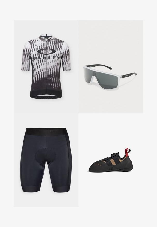 Maillot de cyclisme Oakley à manches courtes avec motif pixellisé noir et blanc et fermeture éclair à l'avant.; Shorts de cyclisme noirs avec une texture lisse, dotés d'une zone rembourrée au centre et d'une taille élastique noire avec la marque "GripGrab".; Chausson d'escalade avec une tige synthétique noire et marron, dotée de deux bandes Velcro, d'une semelle en caoutchouc et d'une languette rouge au talon.; Lunettes de soleil avec une monture blanche, verres rectangulaires sombres et branches noires, une des branches portant le logo "Arnette" en blanc.