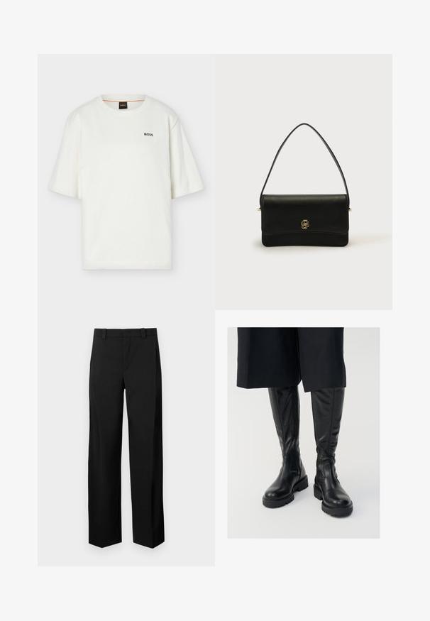 Camiseta blanca de manga corta con cuello redondo y pequeño logo negro "BOSS" en el lado izquierdo del pecho, además de etiqueta negra en el interior del cuello.; Pantalones de pierna ancha en negro, confeccionados con una tela suave y tejida. Presentan un frente plano, presillas para cinturón y bolsillos laterales para un aspecto ajustado.; Botas de cuero negras hasta la rodilla con una textura suave, suelas gruesas y cremalleras laterales. El diseño presenta un sutil detalle de costura.; Bolso de mano de cuero negro con textura lisa, forma rectangular, detalle de logo dorado y una sola correa delgada para el hombro.