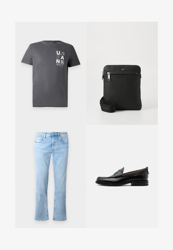 TOM TAILOR DENIM T-shirt print - ash grey; Lichtblauwe jeans van denim hebben een recht model, vijf zakken en een knoopsluiting. De stof heeft een zachte textuur met vervaagde accenten.; Zwarte leren herensloffen met moc toe stiksel, pennyriem, gestructureerde kraag en lage gestapelde hak op witte achtergrond.; Zwarte leren crossbodytas met een plat ontwerp, een gestructureerd oppervlak, ritssluiting, voorvak en een verstelbare stoffen riem.