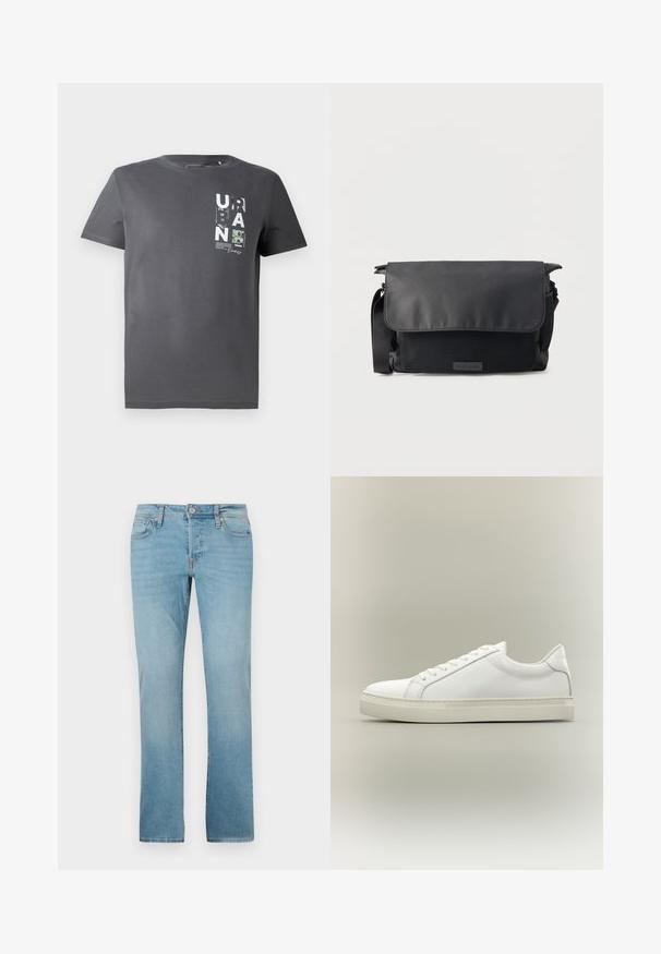 TOM TAILOR DENIM Tričko s potlačou - ash grey; Svetlo modré džínsy vyrobené z denimu, s rovnou nohou, piatimi vreckami, gombíkovým zapínaním a jemným prešúchaním pre textúru.; Biela nízka teniska so šnurovaním vpredu a hrubou podrážkou, zobrazená zboku na neutrálom pozadí.; Čierna messenger taška s klopou, textúrovaným predným vreckom, nastaviteľným ramenným popruhom a minimalistickým dizajnom na jednofarebnom pozadí.