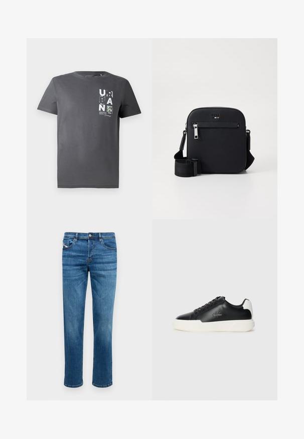 TOM TAILOR DENIM Camiseta estampada - ash grey; Vaqueros de mezclilla azul con corte recto, cinco bolsillos y cierre de botón. Presenta un sutil pespunte en contraste y una textura suave.; Zapatillas de piel negra con suela de goma blanca. Presentan puntera redonda, diseño de cordones y detalle del logotipo en el costado. Acento trasero en blanco.; Bolso bandolera de cuero negro con textura suave, que cuenta con un bolsillo frontal con cremallera, correa ajustable y un diseño cuadrado elegante.