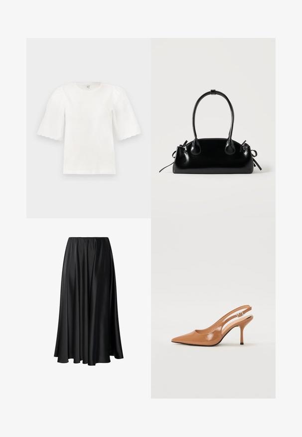 Blouse blanche à manches courtes avec bords festonnés et manches bouffantes, col rond, présentée sur un fond clair uni.; Jupe maxi noire en tissu lisse, dotée d'une taille élastique, d'une silhouette ample et d'un ourlet fluide sans motifs ni détails visibles.; Escarpin à talon slingback à bout pointu en matériau beige lisse et brillant. Présente un design de découpes courbées et un talon aiguille fin. Détail de boucle en argent.; Petit sac à main noir brillant avec deux longues anses et des détails à cordon sur les côtés sur un fond clair uni.