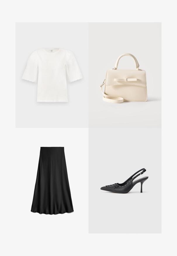 Witte blouse met korte mouwen, geschulpte randen en opgeblazen mouwen, ronde hals, getoond op een eenvoudige lichte achtergrond.; Zwarte satijnen A-lijn rok met een gladde textuur en vloeiende zoom, knielengte, weergegeven op een witte achtergrond.; Zwarte leren slingback stiletto met spitse neus, zijgesp met gesp, studs langs de rand en decoratieve veters aan de voorkant.; Kleine beige handtas met bovenhandvat, afneembare riem, voorflap en decoratieve horizontale strik op een effen achtergrond.