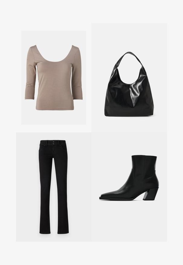 Haut ajusté en tissu beige doux, avec un décolleté large en forme de bateau et des manches trois-quarts, présentant une texture lisse et sans motifs visibles.; Jeans slim-fit noirs avec deux poches avant, passants de ceinture et fermeture à double bouton, présentés sur un fond blanc uni.; Bottine en cuir noir avec un bout pointu, une silhouette élégante et un talon carré massif. Texture lisse avec des détails de couture minimalistes.; Sac hobo en cuir noir avec une texture douce et brillante et un haut ouvert arrondi. Dispose d'une large sangle courbée pour le transport. Pas de matériel visible.