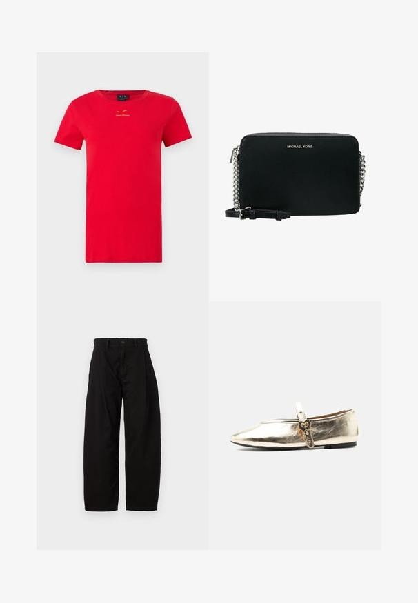 T-shirt en coton rouge avec un col rond, des manches courtes et un petit logo jaune "Armani Exchange" sur la poitrine. Texture lisse.; Pantalons larges noirs en coton avec une fermeture à bouton et à zip, dotés de plis avant et de poches latérales.; Chaussure plate Mary Jane dorée métallique brillante avec une boucle en forme de cœur sur la bride et une semelle noire sur fond blanc.; Sac à bandoulière noir en synthétique, avec une forme rectangulaire épurée, une chaîne en argent et le logo embossé "MICHAEL KORS" à l'avant.