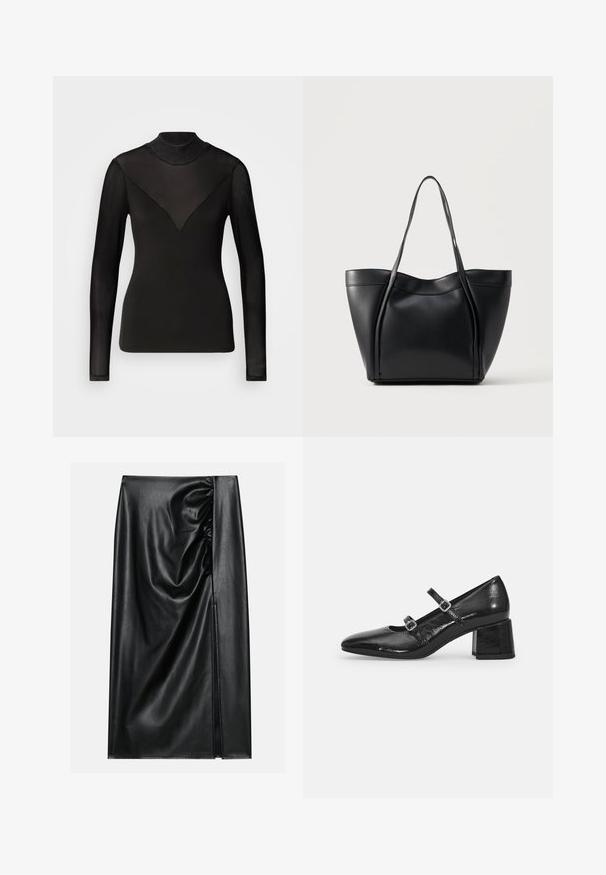 Top negro de manga larga con paneles transparentes que forman una forma de V en el escote. Textura suave, diseño ajustado, cuello alto.; Falda de cuero negro con una textura suave, con una sección fruncida en un lado y una abertura lateral para añadir detalle.; Zapatos Mary Jane de charol negro con punta afilada, dos correas ajustables y tacón cuadrado grueso. Textura suave y acabado brillante.; Bolso tote de cuero negro con dos asas largas y un borde superior ligeramente curvado, mostrado sobre un fondo claro y liso.