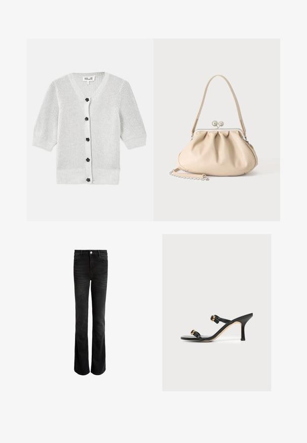 Grå strikket cardigan med V-hals, trekvartærmer, tekstureret stof og sorte blomsterknapper foran.; Sorte flared jeans lavet af denim, med høj talje, fem lommer og sølvfarvet knaplukning. Glat tekstur med subtilt falm.; Sort sandal med hæl med to tynde remme med gyldne runde spænder, en spids høj hæl og en beige sålekant.; Beige blød læderhåndtaske med en sølv metalramme-lukning, enkelt skulderstrop og en valgfri kæderem på en hvid baggrund.