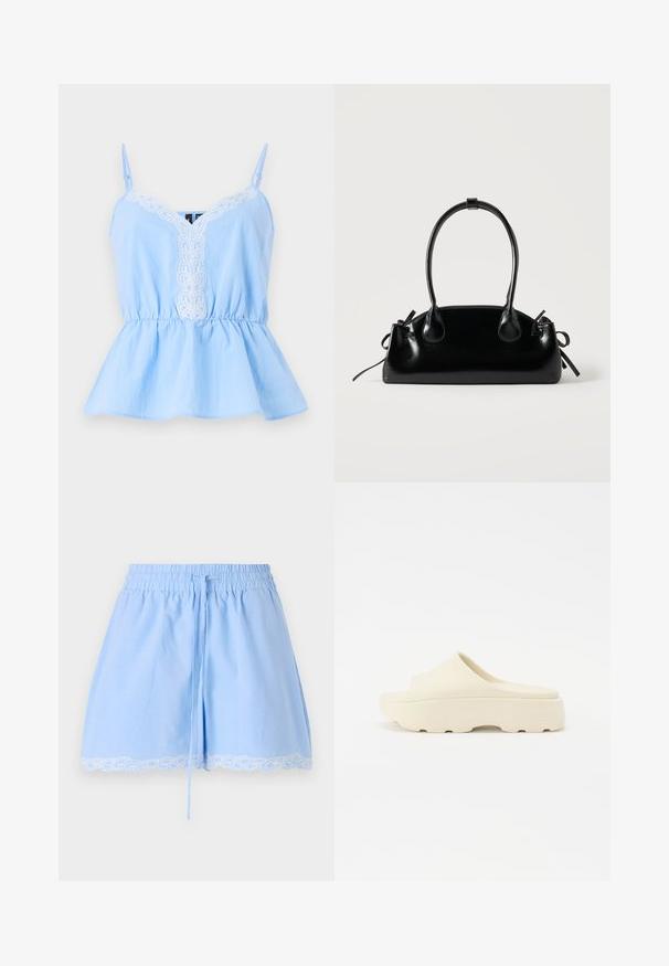 Top sin mangas de color azul claro con escote en V, que presenta un bordado blanco en la parte frontal y una cintura elástica para una silueta acampanada.; Pantalones cortos de algodón azul claro con cintura fruncida, detalle de cordón y acabado de encaje blanco en el dobladillo. Textura suave y ajuste relajado.; Sandalia beige sin correa con una superficie lisa similar al caucho, puntera redondeada, suela gruesa y fondo texturizado para un mejor agarre. Diseño minimalista.; Pequeño bolso negro brillante con dos asas largas y detalles de cordón lateral sobre un fondo claro liso.