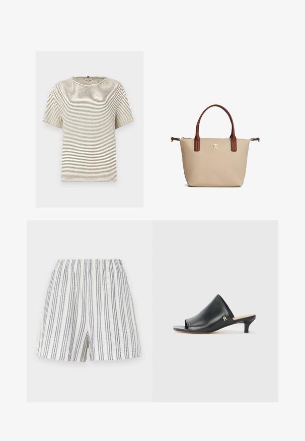 T-shirt à manches courtes rayé en crème avec des rayures horizontales noires. Présente un col rond et une coupe décontractée. Fabriqué en tissu doux.; Shorts rayés en tissu léger, présentant des rayures verticales bleues et blanches, une taille élastique et une coupe décontractée.; Mules ouverts en cuir noir avec un talon bas. Présentent une surface lisse et un accent logo doré sur le côté.; Sac fourre-tout beige avec poignées marron, petit logo doré centré sous les poignées, et fermeture éclair en haut.