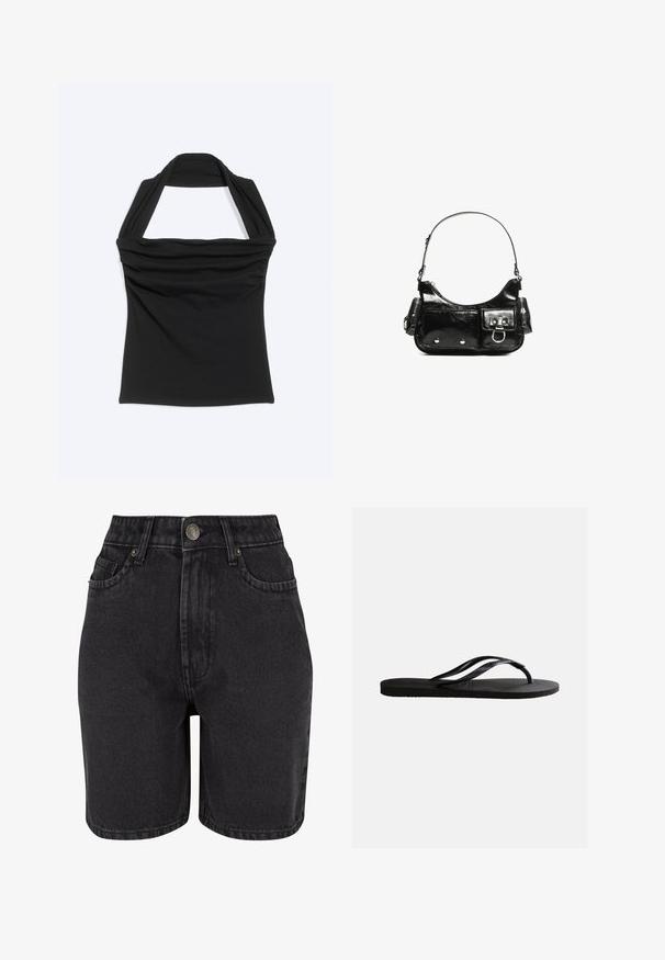 Schwarzes Haltertop mit gerafftem Stoffdetail entlang des Ausschnitts, flach auf hellem Hintergrund dargestellt.; Schwarze Denim-Shorts mit hoher Taille, Fünf-Taschen-Design und Metallknopfverschluss. Der Stoff hat eine glatte Textur mit dezentem Verblassen.; Schwarze Gummizehensandale mit strukturiertem Fußbett und dünnen, Y-förmigen Riemen vor einfachem weißem Hintergrund.; Schwarze Lackleder-Handtasche mit geschwungenem Design, einem Schulterriemen, Vordertaschen und silberfarbenen Hardware-Akzenten.