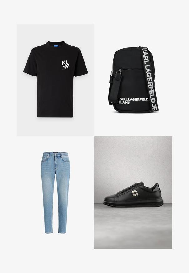 Zwart katoenen t-shirt met een witte graphic op de linkerborst. Ronde hals, korte mouwen en een klassieke snit.; Lichtblauwe denim jeans met een relaxed fit, vijf zakken ontwerp en subtiele wassing. Bevat een merklabel nabij de taille.; Persoon draagt zwarte leren broek en zwarte sneakers met een klein cartoonaccessoire aan de zijkant, staand op een houten vloer.; Zwarte stoffen schoudertas met een rechthoekige vorm, voorzien van een ritsvak aan de voorkant en een contrasterende logo-riem in het wit.