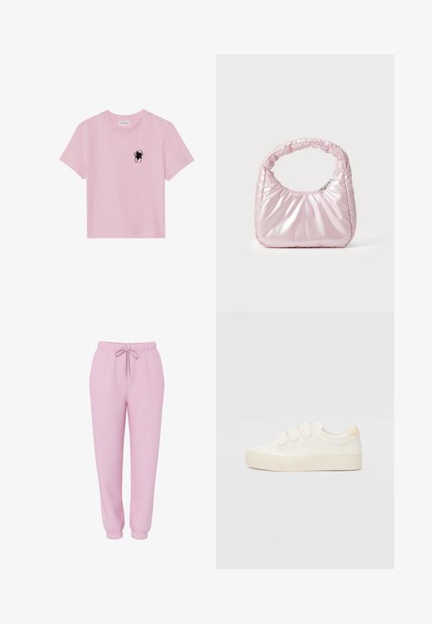 Even&Odd by Zalando T-shirts print - light pink; Lyserøde joggers med elastisk linning, snørebånd, sidelommer og elastiske manchetter, vist på hvid baggrund.; Hvide sneakers med en glat læderlignende overdel, tre velcrostropper, rund tå og en tekstureret gummisål. Bagakcent i beige.; Rosa, polstret håndtaske med afrundet design, lavet af skinnende materiale. Har et samlet håndtag og en lynlås til sikker adgang.