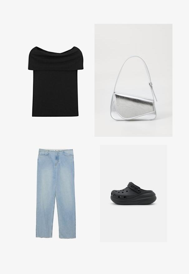 Sort off-shoulder top med foldet halsudskæring, lige snit, lavet af glat stof, vist fladt mod en hvid baggrund.; Lyseblå denimjeans med lige ben, featuring høj talje, fem lommer og slidte detaljer i kanten.; Sorte gummiklipper med ventilationshuller, hævet hæl og justerbar rem. Glat tekstur og rund form.; Sølvmetallic håndtaske med en trekantet form, glat overflade og en tynd, justerbar skulderrem. Har et fold-over design med syninger.