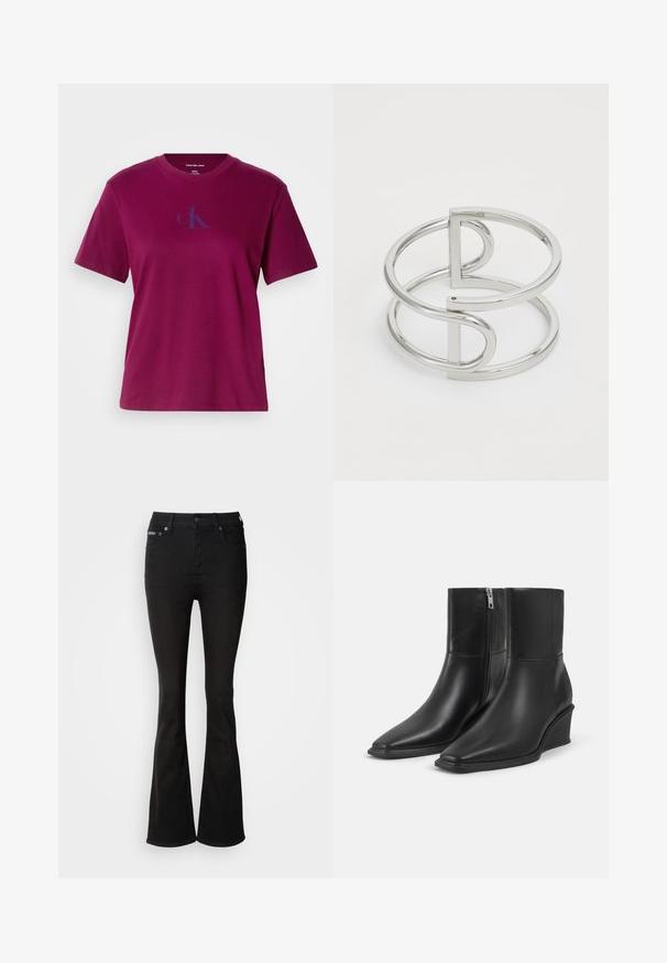 Magenta Baumwoll-T-Shirt mit Rundhalsausschnitt, kurzen Ärmeln und einem blauen Logo auf der Brust. Hat eine lockere Passform und eine glatte Textur.; Schwarze Schlagjeans aus Denim, mit hoher Taille, Fünf-Taschen-Design und dezenten Nähdetails. Glatte Textur in einfarbig.; Paar schwarze Leder-Stiefeletten mit spitzen Zehen, Keilabsätzen und seitlichen Reißverschlussverschlüssen auf einfachem hellem Hintergrund.; Silberner Metallarmreif mit einem Doppel-Schleifen-Design, glatter, glänzender Oberfläche und einem minimalistischen geometrischen Akzent.