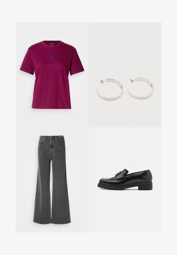 Magenta bomulds-t-shirt med rund hals, korte ærmer og et blåt logo på brystet. Har en afslappet pasform og en glat tekstur.; Bredde ben jeans i falmet sort denim, med høj talje, to frontlommer og metalknaplukninger. Glat tekstur, minimal design.; Sorte lakerede loafers med lav blokhæl, syet tå og metalspænde detaljer på oversiden, vist i sideprofil på hvid baggrund.; Sølvfarvede halvcirkelformede creoler med riflet tekstur og trykknapslukning på hvid baggrund.