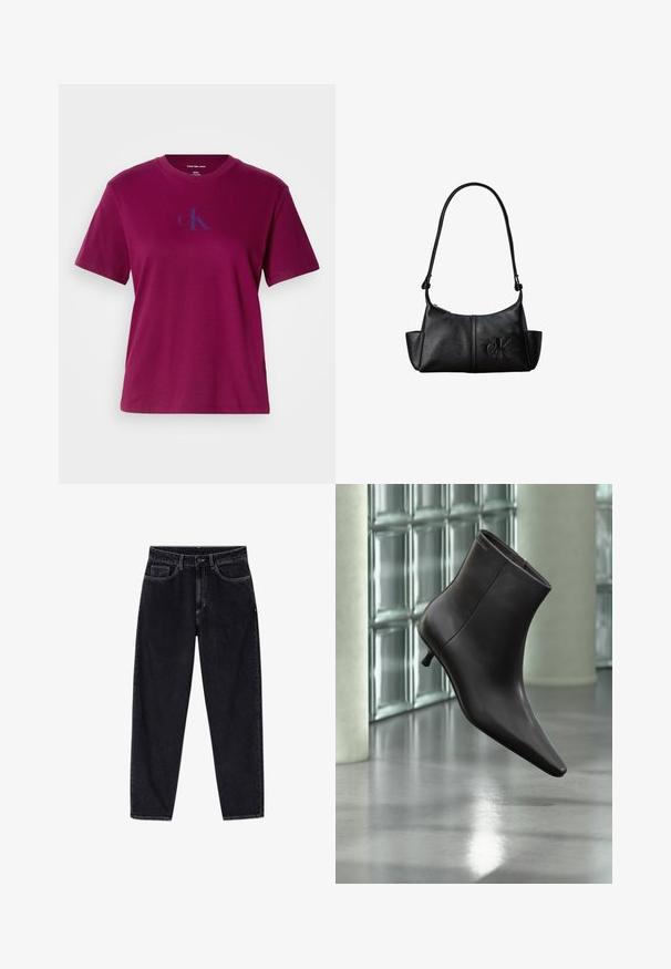 Camiseta de algodón magenta con cuello redondo, mangas cortas y un logo azul en el pecho. Presenta un ajuste relajado y una textura suave.; Vaqueros negros de tiro alto con pierna recta, botón frontal, cremallera, trabillas para cinturón y cinco bolsillos, mostrados sobre un fondo blanco.; Bota de cuero negro para el tobillo con puntera puntiaguda y tacón pequeño, exhibida frente a una pared de bloques de vidrio y un suelo pulido.; Bolso de hombro de cuero negro con correa larga, bolsillos laterales y logo de Calvin Klein en relieve en la parte delantera.