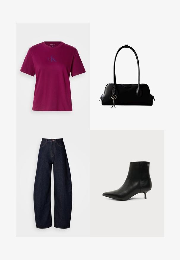 Magenta katoenen T-shirt met een ronde hals, korte mouwen en een blauw logo op de borst. Het heeft een ontspannen pasvorm en een gladde textuur.; Donkerblauwe wijde jeans van denim, met een hoge taille, rechte snit, vijf zakken en contrasterende stiksels.; Zwart leren enkellaars met puntige neus en lage kittenhak op lichte achtergrond, zijaanzicht buitenkant.; Zwarte leren Calvin Klein handtas met lange hengsels, een logo-label aan de voorkant en een zilverkleurige geometrische hanger die aan één hengsel hangt.