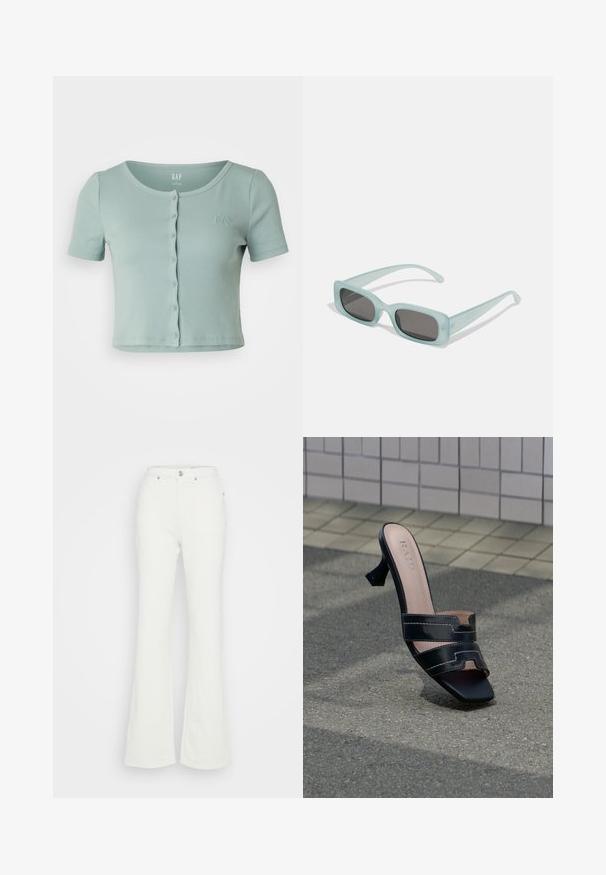 GAP CROPPED CREW - Tričko s potlačou - sage; Biele rozšírené džínsy vyrobené z bavlneného denimu, s vysokým pásom, zapínaním na gombík a štyrmi vreckami, s jemnou textúrou.; Čierne otvorené sandále na opätku s dvoma remienkami a štvorcovou špičkou na textúrovanom povrchu chodníka na pozadí obkladanej steny.; Párik obdĺžnikových slnečných okuliarov s svetlomodrými priehľadnými rámami a tmavosivými sklami, s rovnými stranami a minimálnymi hardvérovými detailmi.