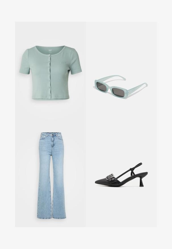 GAP CROPPED CREW - T-Shirt print - sage; Helle blaue Schlagjeans aus Denim, mit hohem Bund, Fünf-Taschen-Design und ungesäumtem Saum unten. Die Textur ist leicht abgenutzt.; Simmi London DALA - Pumps - black; Ein Paar rechteckige Sonnenbrillen mit lichtblauen, halbtransparenten Rahmen und dunkelgrauen Gläsern, ausgestattet mit geraden Bügeln und minimalen Hardware-Details.
