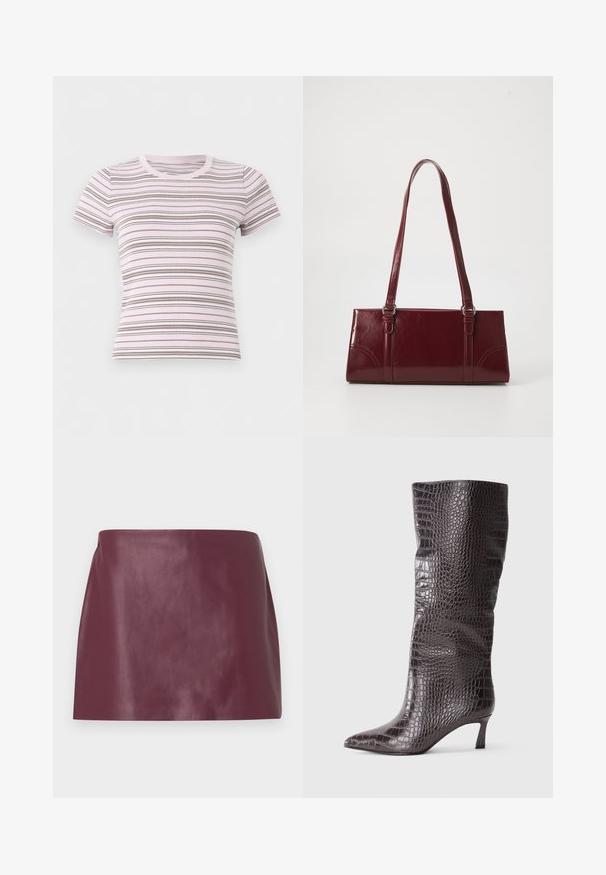 Lyserød kortærmet tætsiddende t-shirt med horisontale tynde og tykke brune striber, rund halsudskæring, vist på en ensfarvet hvid baggrund.; Miniskirt i glat burgunderlæder med lige snit og uden synlige dekorationer eller lukninger.; Brune faux læder knæhøje støvler med krokodilleprint, spids tå og en kort, stablet hæl. Glat tekstur, strømlinet design.; Bordeaux håndtaske lavet af glansfuldt materiale, rektangulær form, med to skulderremme og subtile buede detaljer på forsiden.