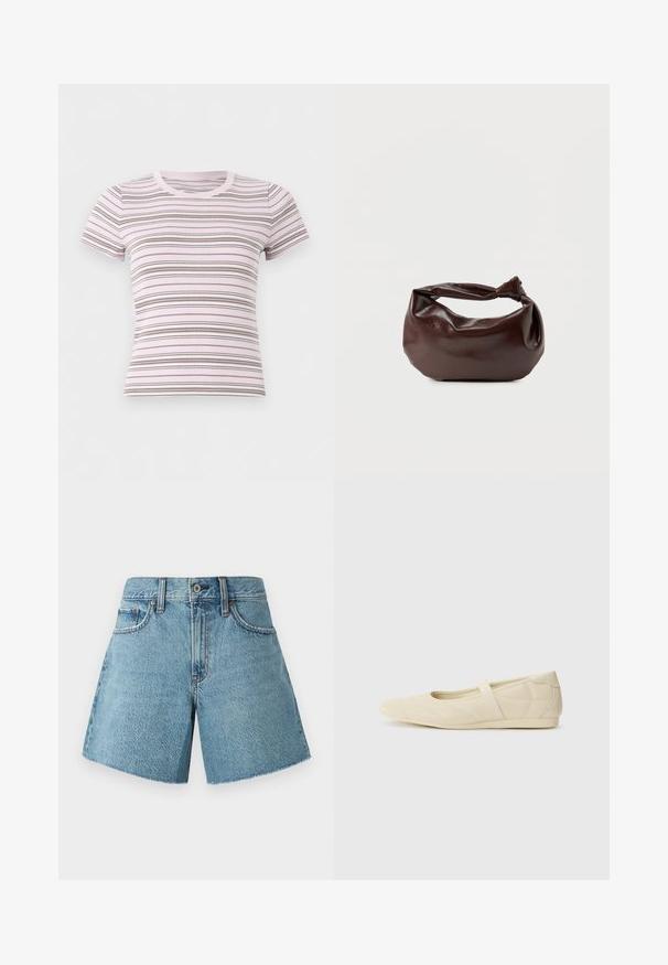 Lyserød kortærmet tætsiddende t-shirt med horisontale tynde og tykke brune striber, rund halsudskæring, vist på en ensfarvet hvid baggrund.; Denim shorts i lys blå, med høj talje, fem lommer og rå kant. Fremstillet af tekstureret bomuldsstof med et klassisk design.; Lysebrune ballet flats med en glat læderoverflade, mandelformet tå og elastisk rem over vristen, med diskrete syninger.; Mørkebrun læder skuldertaske med en blød, afslappet form og et snoet knudehåndtag på en ensartet hvid baggrund.